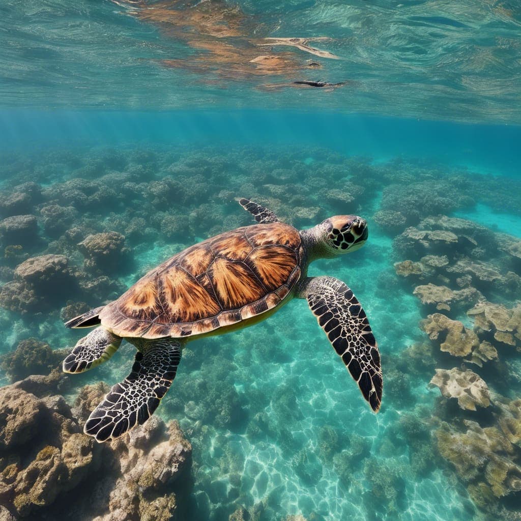 Hawksbill sea turtle gliding over coral reef during a Horizon Blue snorkelling tour at the Daymaniyat Islands, Oman